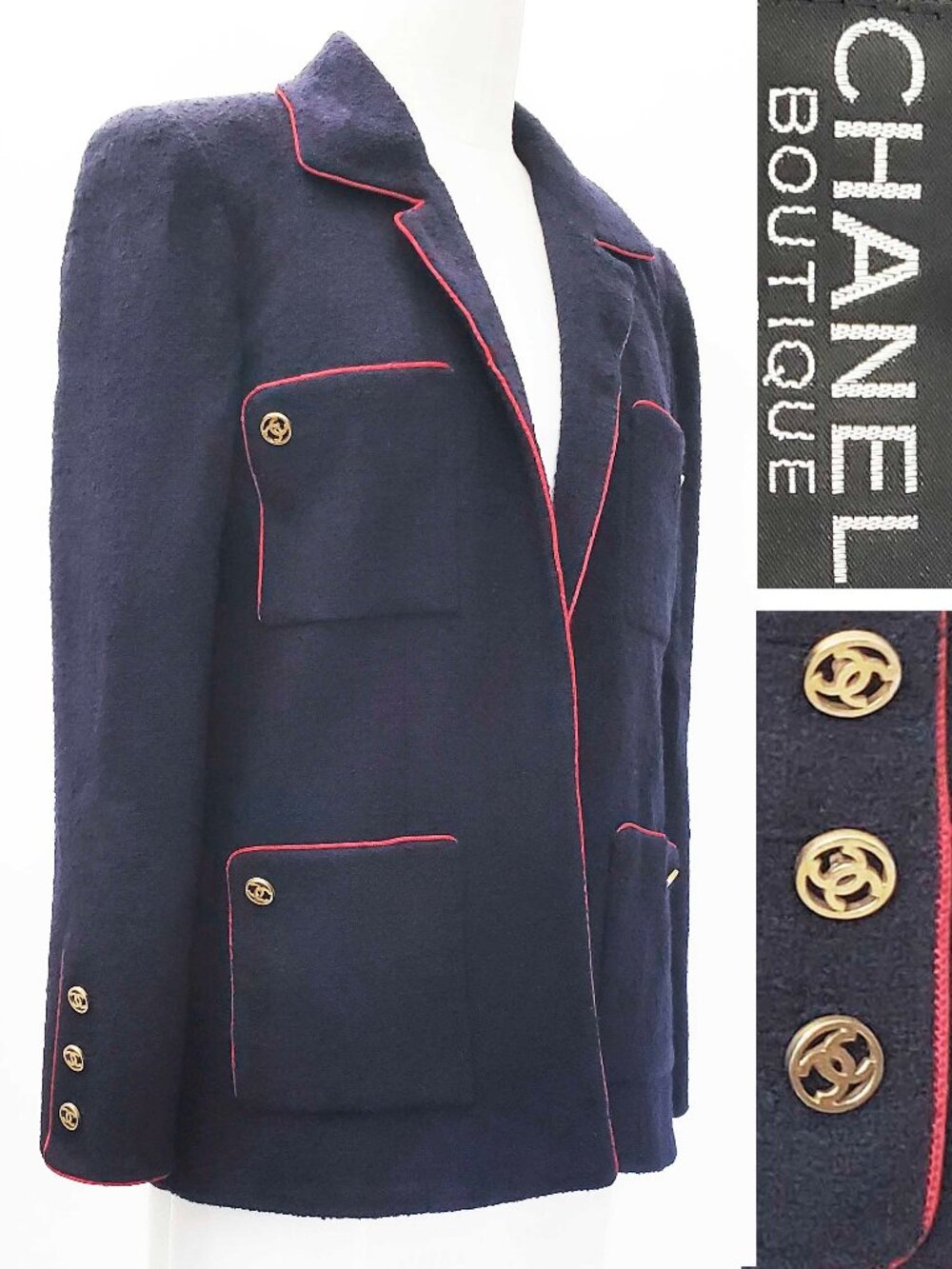 CHANEL Boutique Womens Vintage Navy Wool Boucle Blazer Logo CC Buttons Red Trim